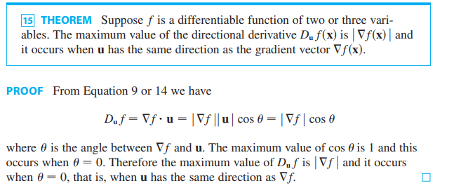 <p>The maximum value of the directional derivative (i.e. the direction in which the maximum change occurs) is in the direction of the gradient vector. </p><p></p><p>If the unit direction vector is the same as the gradient vector, then that is the direction of maximum ascent of a multi-variable function at a point (a,b).</p><p></p><p>Furthermore, the AMOUNT of change that is maximum is simply the magnitude of the gradient vector (makes sense since we want to find the length of this vector → magnitude). </p><p></p><p></p>