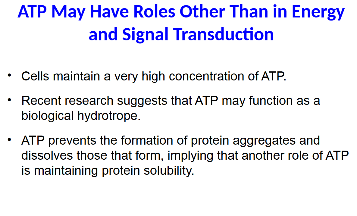 <p>Cells maintain a very high concentration of ATP.</p><p>• Recent research suggests that ATP may function as a biological hydrotrope.</p><p>• ATP prevents the formation of protein aggregates and dissolves those that form, implying that another role of ATP is maintaining protein solubility.</p>
