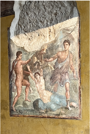 <p>Identify the scene occurring in this painting in the <em>oecus, </em>&nbsp;room n in the house of the Vetti </p>