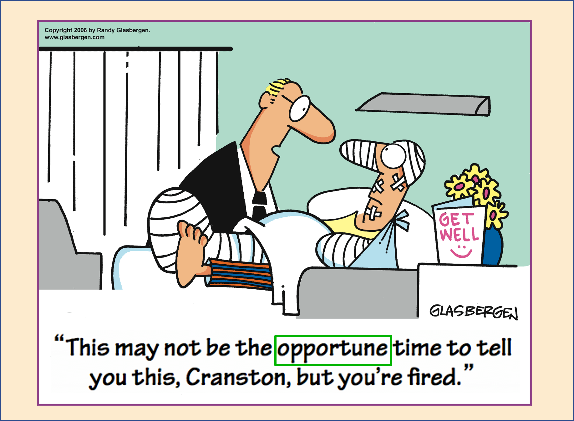 <p>Can you figure out the meaning of the word opportune in this cartoon? </p>