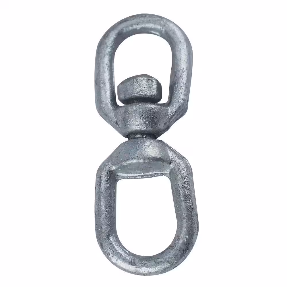 <p>Connector made of two chain links joined by a riveted pin, allowing rotation to prevent twisting in chains or cables.</p>