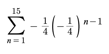 <p>a) Geometric with rate of -1/4 and start term of -1/4; See image.</p><p>b) S<sub>15 </sub>= -1/4(-1/4)<sup>0</sup> - 1/4(-1/4)<sup>1</sup> - 1/4(-1/4)<sup>2</sup> - … -1/4(-1/4)<sup>14</sup></p><p>- (-1/4 S<sub>15</sub> = -1/4(-1/4)<sup>1</sup> - 1/4(-1/4)<sup>2</sup> - … - 1/4(-1/4)<sup>15</sup>)</p><p>5/4 S<sub>15</sub> = -1/4 + 1/4(-1/4)<sup>15</sup></p><p>S<sub>15</sub> = 4(-1/4+ 1/4(-1/4)<sup>15</sup>) / 5</p>