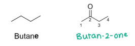 <p><strong><u>Nomenclature of Ketones</u></strong></p><ul><li><p>Suffix “_____” indicates a ketone group</p></li></ul><p></p>