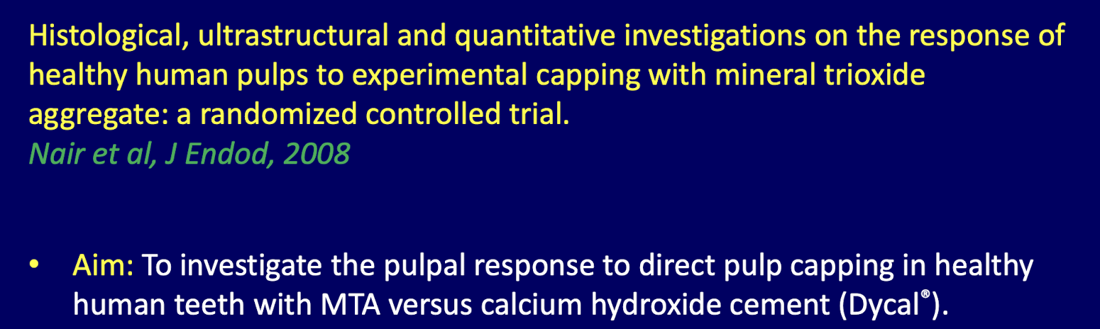 <p>pulpal response to direct pulp capping in healthy human teeth w MTA vs calcium hydroxide cement </p>