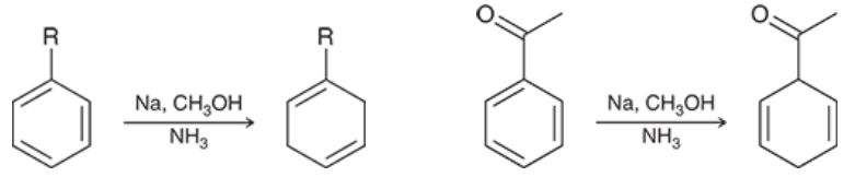 <p>If the group at the benzylic position is an EWG, then the carbon on the ring itself will be reduced and lose that double bond. If the group there is an EDG, it will NOT be reduced and will be an alkene double bond on the left or right of that group</p>
