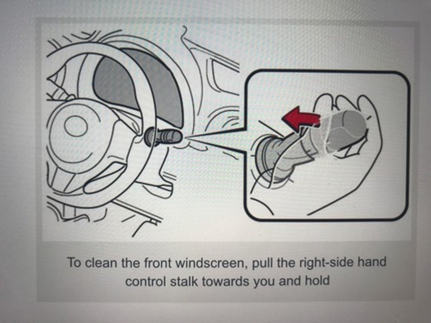 <p>Operate the control to wash and wipe the front windscreen.</p>