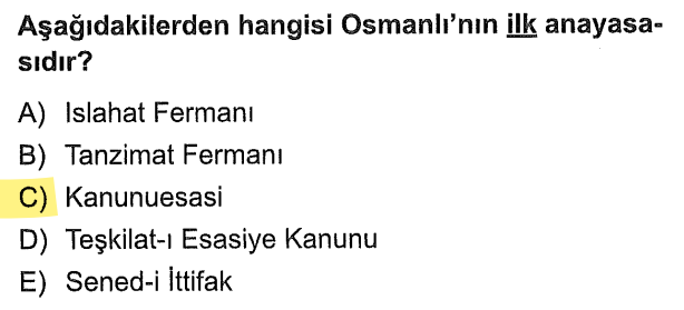 <p>Osmanlı ve Türk tarihinin ilk anayasası <strong>1876 Kanunuesasi</strong>'dir. Sened-i İttifak bir anayasal belge olsa da anayasa değildir.</p>