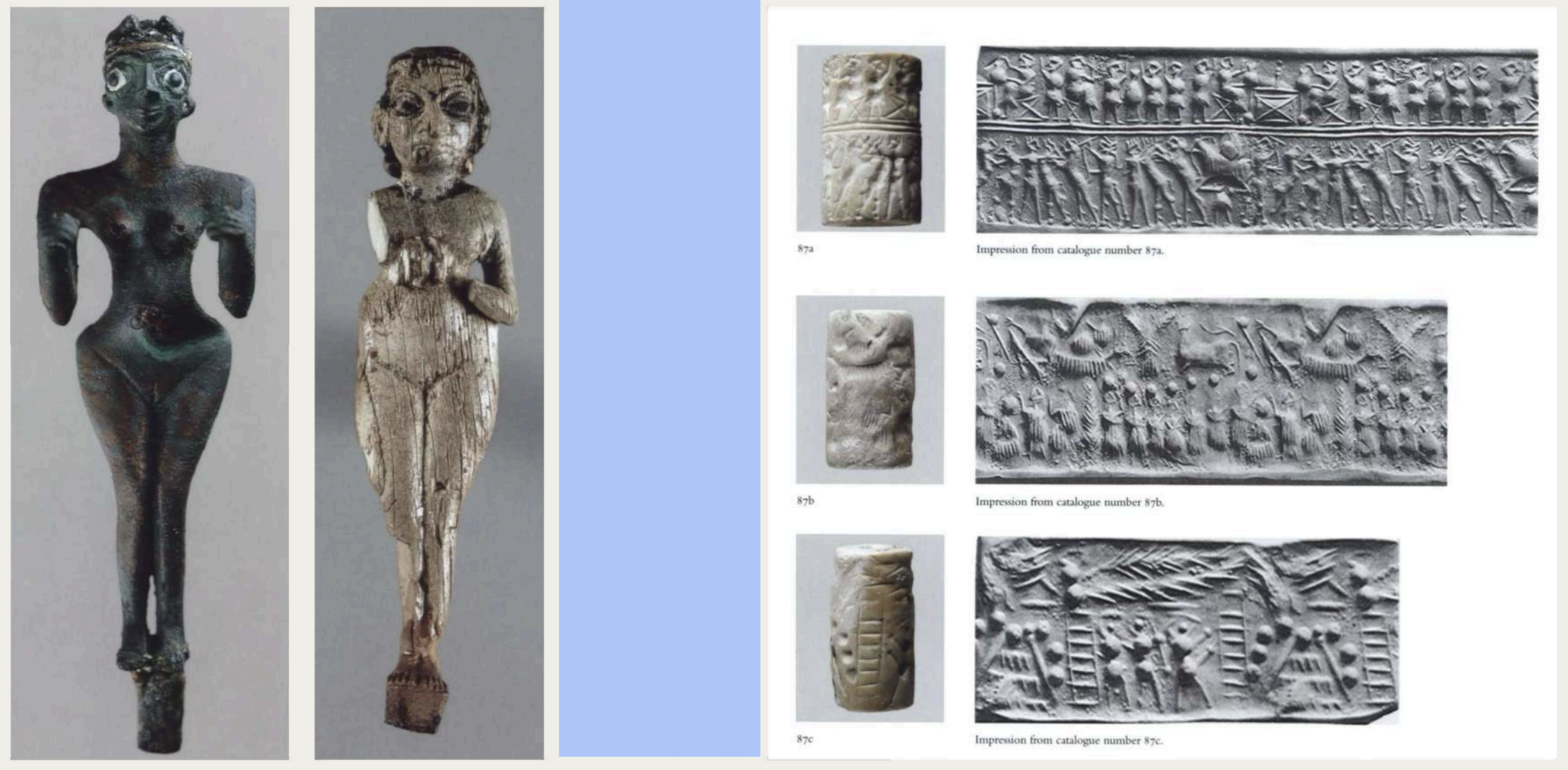 <p><u>Trésor d’Ur</u></p><p>Mari</p><ul><li><p>contenu dans une jarre, mais trouvé en Syrie → preuve de la diffusion de la civilisation sumérienne.</p></li><li><p>perles en lapis-lazuli associées à Mesanepada, premier roi d’Ur (Ire dynastie).</p></li><li><p>pectoral en or et lapis-lazuli représentant Imdugud (Anzu).</p></li><li><p>Figurines de déesses en matériaux mixtes (cuivre, argent, coquillage, bitume, ivoire) → inspiration syrienne mais influencée par la Mésopotamie.</p></li></ul><ul><li><p>Sceaux-cylindres finement gravés, témoignant du raffinement de l’art glyptique.</p></li></ul><p></p>