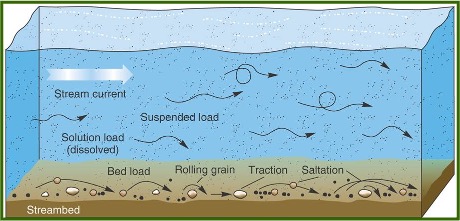 <p>The amount of sediment a stream transports. Three categories:</p><p>Bed load - materials that roll, slide, or bounce along the bottom</p><p>Suspended load - silt and clay particles carried in the water; accounts for 90% of the total load of most rivers.</p><p>Dissolved load - material derived from the chemical weathering of rock and sediment within the drainage basin. </p>