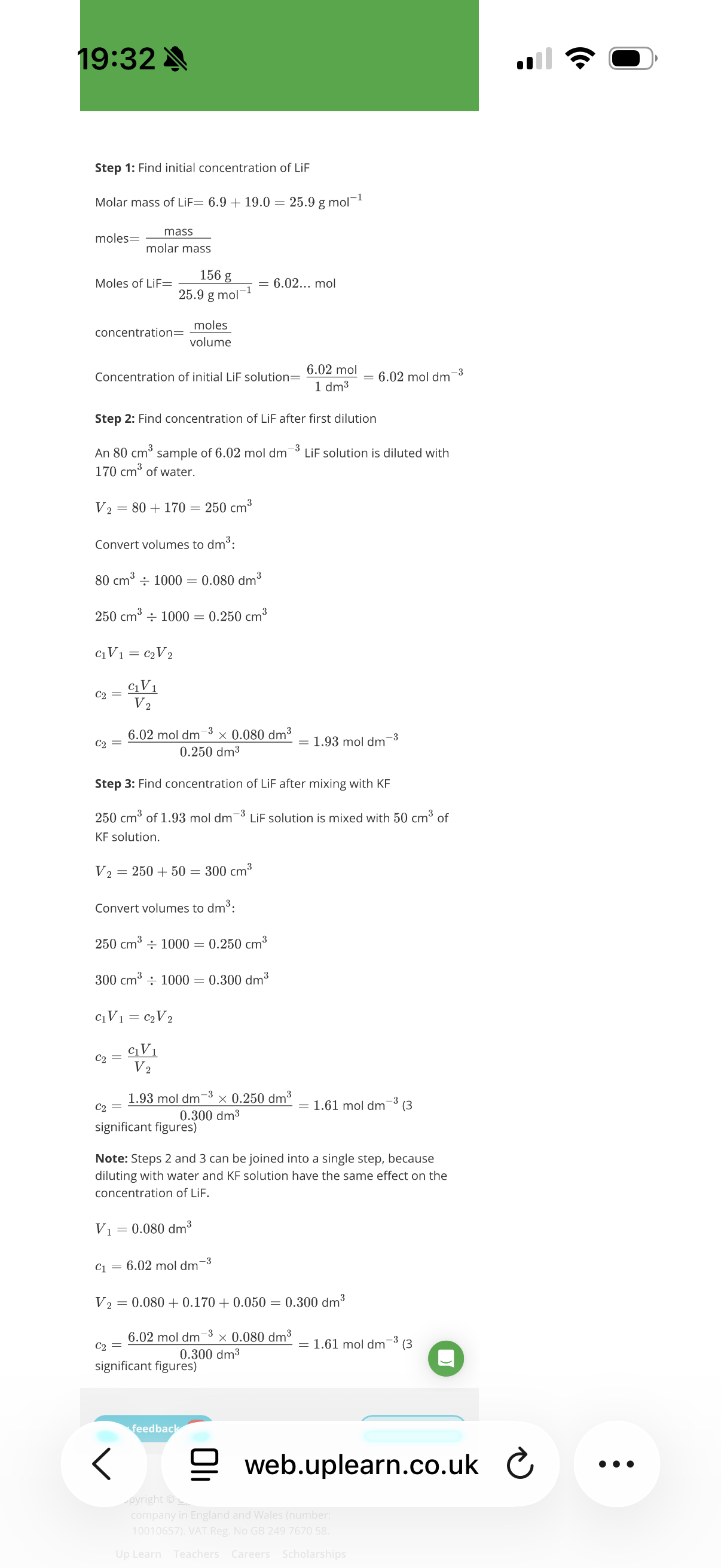 <ol><li><p>Another way is you can do the calculation with g cm-3 but at the end, you need to do 41.6/ molar mass of LiF to convert it to mol dm-3</p></li></ol><p></p>