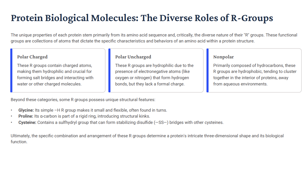 <p>The unique properties of each protein stem primarily from its amino acid sequence and, critically, the diverse nature of their "<strong>R</strong>" groups. <strong>These functional groups</strong> are collections of atoms that dictate the specific characteristics and behaviors of an amino acid within a protein structure.</p><p>R group can be:</p><p><strong>Nonpolar (Hydrophobic):</strong> Mostly hydrocarbons. These "hide" from water and cluster in the interior of proteins, away from aqueous environments. If your surface is hydrophobic, these groups will flip outward to stick to it.</p><p><strong>Polar UNCHARGED (Hydrophilic):</strong> These have <strong>electronegative atoms like Oxygen or Nitrogen.</strong> They love to form <strong>hydrogen bonds</strong> with water. However! <strong>They LACK a formal charge!</strong></p><p><strong>Polar Charged:</strong> contain charged atoms, making them <strong>HYDROPHILIC </strong>and crucial for forming SALT BRIDGES and<strong> interacting with water or other charged molecules.</strong> These are highly reactive and form <strong>SALT BRIDGES</strong>. They are crucial for interacting with surfaces you’ve modified to have a specific <strong>surface charge</strong>.</p><p>Beyond these categories, some R groups possess unique structural features:</p><p><strong>Glycine</strong>: Its simple –H R group makes it small and flexible, often found in <strong>turns</strong>! Because it’s so small, it is the most flexible amino acid. Glycine the Gymnast. It allows protein chains to make sharp turns and fit into tiny nooks on a biomaterial's surface.</p><p><strong>Proline</strong>: Its <strong>α-carbon</strong> is part of a <strong>rigid ring</strong>, introducing <strong>structural kinks</strong>. Proline = Pretzel = a ring = incredibly stiff. If a protein needs to hold a very specific, awkward shape to stay adsorbed to your substrate, Proline is usually the reason.</p><p><strong>Cysteine</strong>: Contains a sulfhydryl group that <strong>can form stabilizing disulfide (—SS—) bridges</strong> with other cysteines. <strong>C</strong>ysteine <strong>C</strong>onnects.</p><p><br>Ultimately, the specific combination and arrangement of these R groups determine a protein's intricate three-dimensional shape and its biological function.</p><p></p>