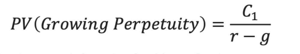<p>r = discount rate per period <br>g = constant growth rate of payments <br>C = cash flow you get one period from now. </p>
