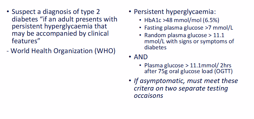 <p>What criteria for persistent hyperglycaemia were listed for diagnosing type 2 diabetes?</p>
