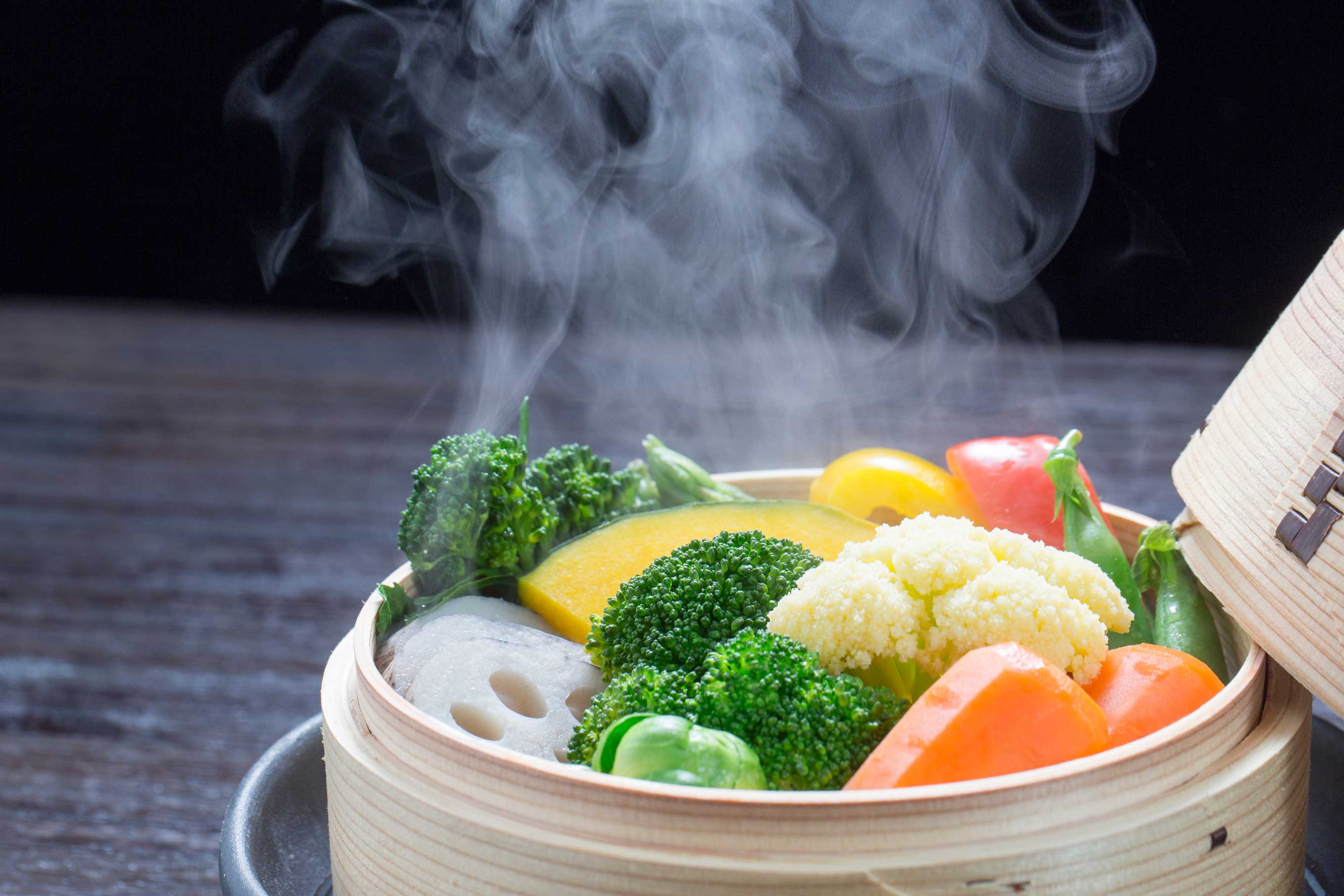 <p>steam</p><p>( Steaming vegetables keeps more vitamins. ) </p>