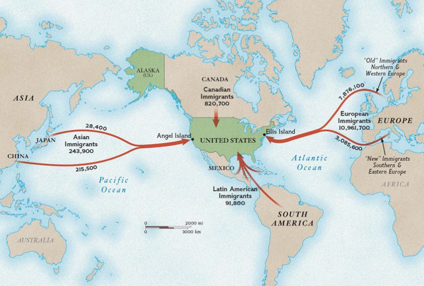 <ul><li><p>Irish, Germans, later Southern/Eastern Europeans</p></li><li><p>Urban growth, nativism, labor tension</p></li></ul><p></p>