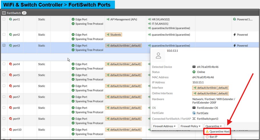 <p>To manually quarantine a MAC address on the FortiGate GUI, browse to FortiSwitch Ports on the WiFi &amp; Switch Controller page, click the device listed in the Device  information column, and then select Quarantine Host.</p>