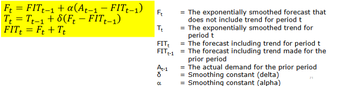 <p>• An trend in data causes the exponential forecast to always lag the actual data</p><p>• Can be corrected somewhat by adding in a trend adjustment</p><p>• To correct the trend, we need two smoothing constants</p><p> Smoothing constant alpha ()</p><p> Trend smoothing constant delta (δ)</p>