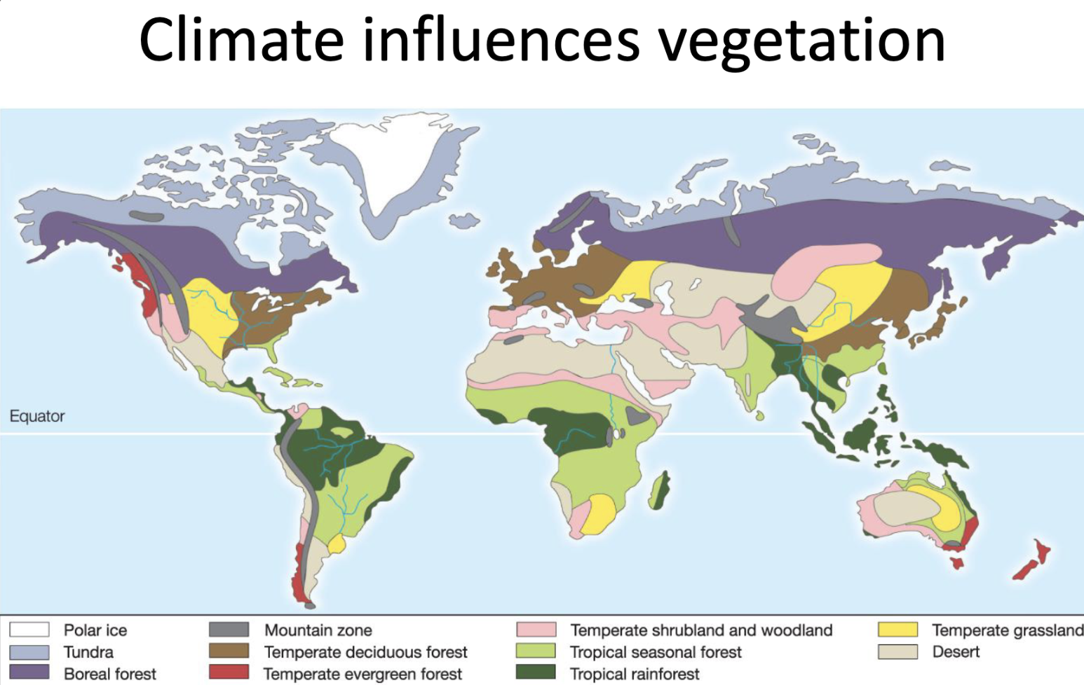 <p>- controls what plants can survive in a region through temp &amp; precipitation</p><p>- influences type, density, &amp; diversity of vegetation</p><ul><li><p>warm &amp; wet → dense vegetation</p></li><li><p>hot &amp; dry → sparse vegetation</p></li><li><p>moderate temp &amp; rain → grasslands</p></li><li><p>cold temp → limited vegetation</p></li></ul><p></p>