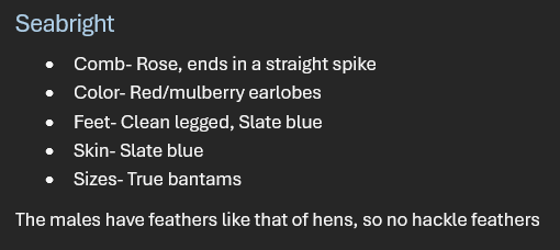 <p>Breed: Seabright</p><p>Variety: Silver</p>