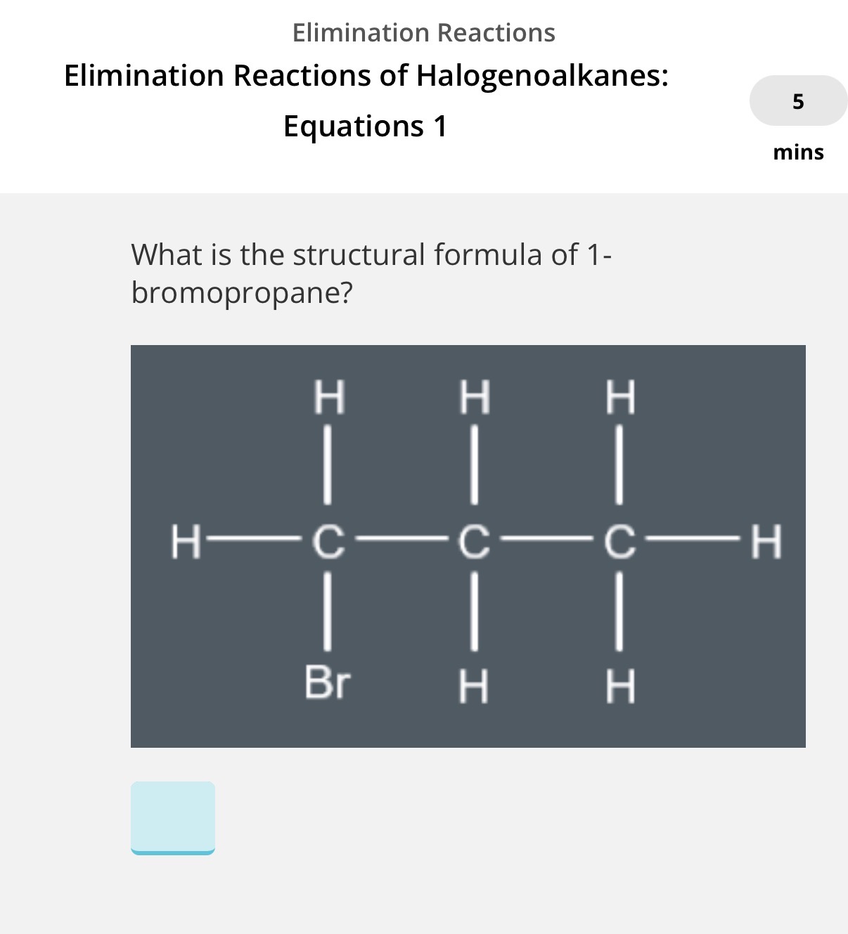 <ol><li><p>To show equation of a halogenoalkane reacting with Ethanolic KOH, we write the structural formula of the halogenoalkane that is reacting with KOH. Now answer the image question?</p><p>Info• In the image, we can only form 1 structural isomer which is propene. If only 1 structural isomer is able to be produced for the alkene(product) you can write the molecular formula.</p></li><li><p><span>What is the molecular formula of propene?</span></p></li><li><p><span>What does the ionic equation for this reaction look like?(q1 reaction)</span></p></li><li><p><span>Full equation:</span><span><br></span><span>CH3CH2CH2Br+KOH→...</span><br></p><p>Info: When the alkene product does have a structural isomer, we have to write it in the equation in structural formula.</p></li><li><p>Whats the structural formula of but-1-ene?</p></li><li><p><span>What is the full equation for the conversion of 2-chlorobutane to but-2-ene using ethanolic KOH?</span></p><p class="sc-ggWZvA iOhPCm"><span>A: CH3CHClCH2CH3+ KOH→ C4H8+ H2O+ KCl</span></p><p class="sc-ggWZvA iOhPCm"><span>B: CH3CHClCH2CH3 + −OH → C4H8 + H2O +Cl−</span></p><p class="sc-ggWZvA iOhPCm"><span>C: CH3CHClCH2CH3. + −OH → CH2=CHCH2CH3 + H2O + Cl−</span></p><p class="sc-ggWZvA iOhPCm"><span>D: CH3CHClCH2CH3. + KOH. → CH3CH=CHCH3 + H2O + KCl</span></p></li></ol><p></p><p><span>•When we write equations for elimination reactions of halogenoalkanes, we write the …7? formula of the alkene when it has position isomers.</span></p>