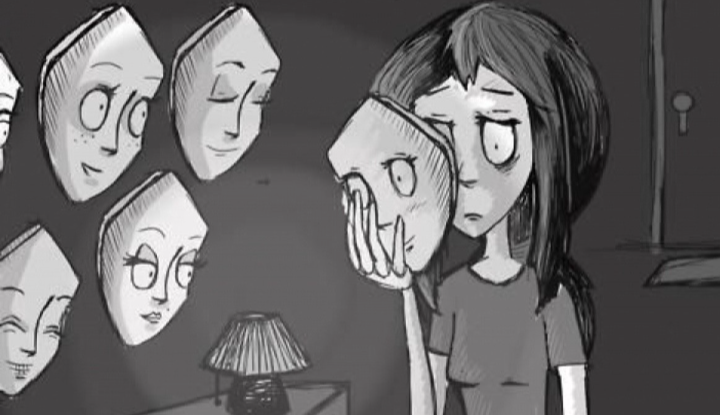 <p>A deceptive outward appearance or a fake emotional front that hides a less pleasant reality or a person's true feelings.</p>