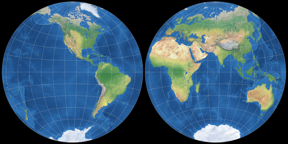 <p>Can commonly be seen as just the top of the area or cut in half</p><ul><li><p>can only see half of the earth at a time</p></li></ul><p></p>