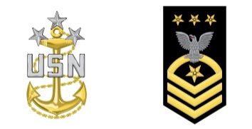 <p>Collar device (Left) : A gold fouled anchor with a silver USN superimposed across the anchor below three silver stars.</p><p>Sleeve (Right) : Three chevrons below one rocker below one eagle below three stars centered above the eagle.</p>