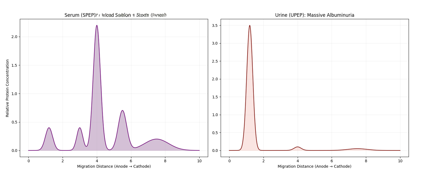 <p>A 46 year old with leg edema and massive proteinuria </p><p><strong>Labs:</strong></p><p>total protein: 8.1 g/dL (high)</p><p>albumin: 1.9 g/dL (low)</p><p>cholesterol: 410 mg/dL</p><p>urine protein: 4+</p><p><strong>SPEP: </strong></p><ul><li><p>low albumin peak, huge a2 peak, supressed y region </p></li></ul><p><strong>UPEP:</strong></p><ul><li><p>massive albumin peal, low globulins</p></li></ul><p></p>