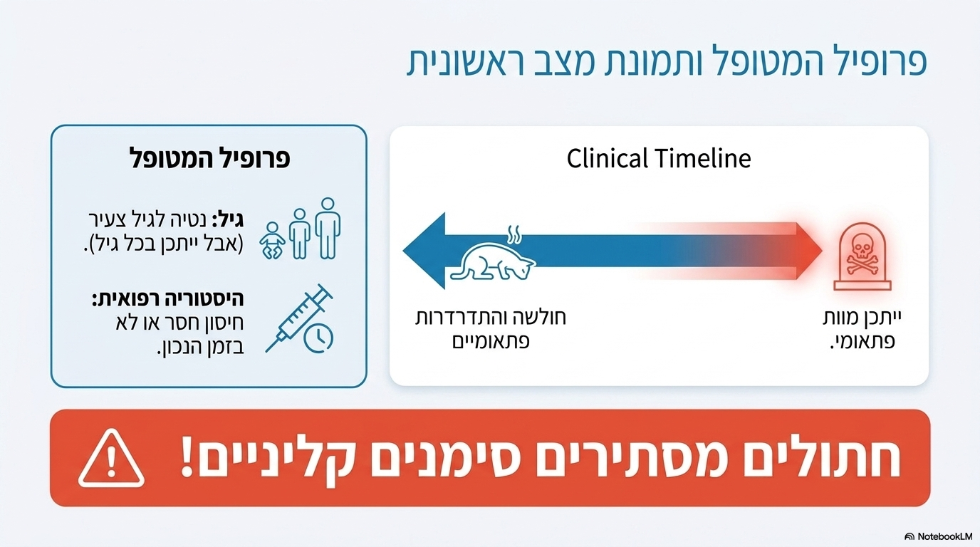 <ul><li><p><strong>רקע והופעה:</strong> המחלה מופיעה בעיקר על רקע חיסון חסר או חיסון שלא ניתן בזמן הנכון. ישנה נטייה ברורה לגיל צעיר, אך היא עלולה להופיע בכל גיל ולהוביל ל<strong>חולשה והתדרדרות פתאומיים</strong> (ואף למוות פתאומי).</p></li><li><p><strong>התנהגות החתול:</strong> האבחון מאתגר מכיוון שחתולים נוטים באופן טבעי <strong>להסתיר סימני מחלה</strong>.</p></li><li><p><strong>סימנים נפוצים:</strong> חוסר תיאבון, הקאות ושלשול (לעיתים קרובות קשה להבחין בשלשול בקלות, ורואים רק שאריות לכלוך באזור הפרינאום).</p></li><li><p><strong>הדבקה בהריון:</strong> פגיעה של הווירוס במהלך ההריון עלולה לגרום לכך שהילוד המומלט יציג <strong>חוסר קואורדינציה קשה עקב מוח קטן מנוון</strong> (תופעה של סרברל היפופלסיה)</p></li></ul><p></p>