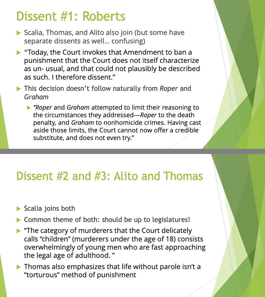 <p>The decision should be left to <strong>legislatures</strong>, not made by the Court (judicial overreach argument).</p><ul><li><p>They argued that policy decisions regarding sentencing are better suited for legislative bodies and should not be determined by the judiciary, emphasizing the role of elected officials in shaping laws. </p></li></ul><p></p>