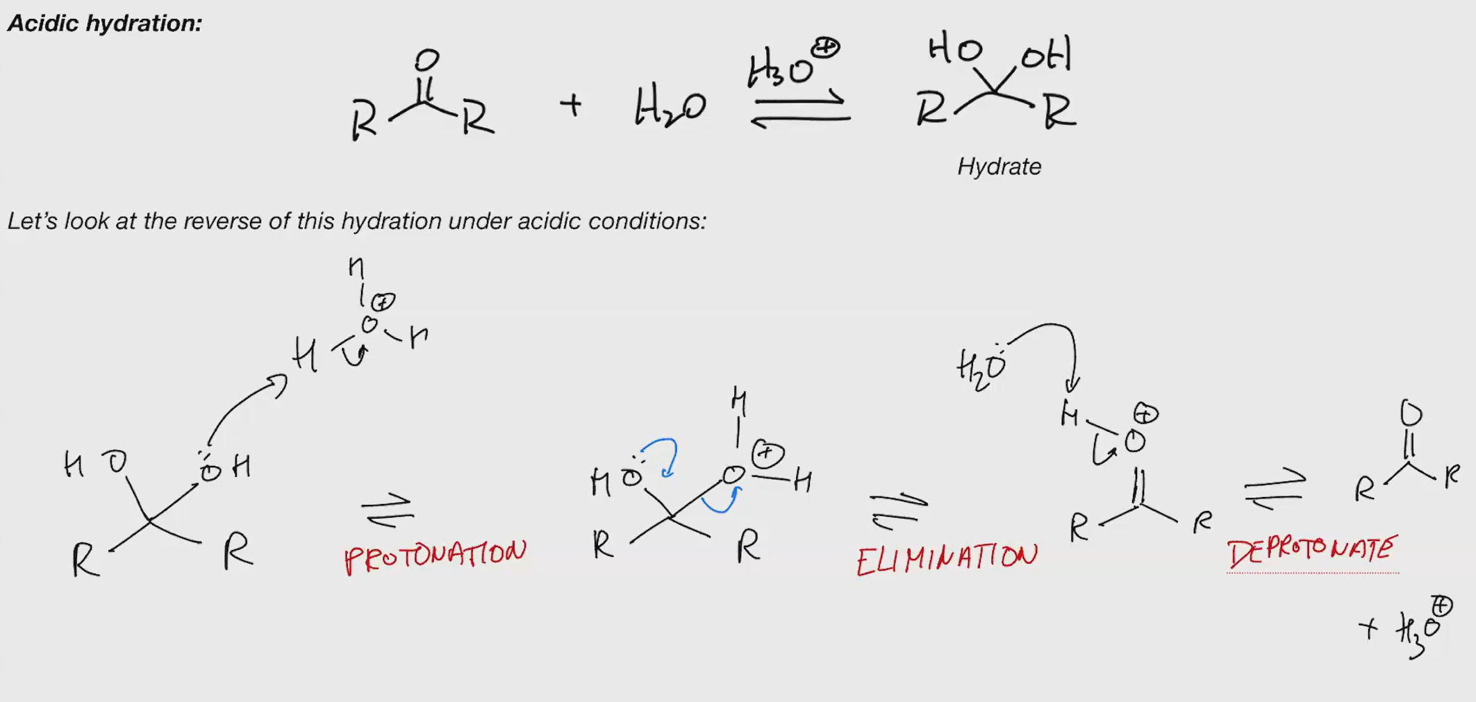 <p>key reactions are addition and elimination</p><p>nucleophiles can be added directly or the addition can be accelerated by protonation first</p><p></p><p>Generally strong nucleophiles like OH directly, but weak ones like water need protonation</p><p></p><p>oxocarbenium are much more electronegative/reaction that regular carbonyls</p><p></p><p>no strong bases and acids</p>
