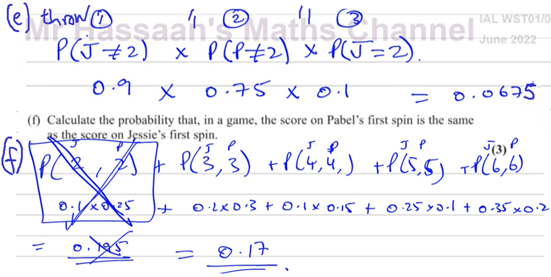 <p>the reason we keep multiplying for (e) is because the game goes J P J ….. (given J starts)</p>