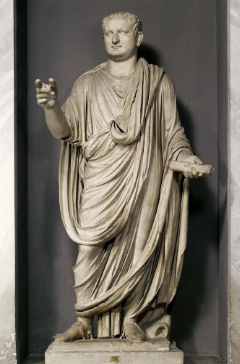 <ul><li><p><span style="background-color: transparent;">Continued expeditions in Judea and Jerusalem&nbsp;</span></p></li><li><p><span style="background-color: transparent;">Son of Flavius</span></p></li><li><p><span style="background-color: transparent;">Continues convention of veristic portraiture&nbsp;</span></p></li><li><p><span style="background-color: transparent;">Favoring of public architecture</span></p></li></ul><p><span style="background-color: transparent;">Togate statue of Titus, from Rome, 79-81, marble</span></p><ul><li><p><span style="background-color: transparent;">Veristic-A style of portraiture emphasizing hyper-realism, often showcasing age and experience, popular in Roman art. </span></p></li></ul><p></p>