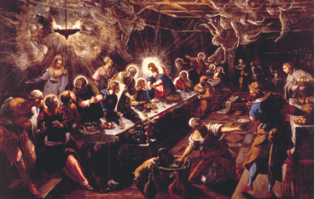 <p>Tintoretto (1594), oil on canvas </p><p>-A shift from Renaissance harmony → dramatic Baroque style</p><p>-used other people’s art styles and combined them </p><p>Chiaroscuro (strong light and dark contrast)</p>