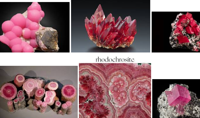 <p>rhochorosite is bacon like with white strikes (longer one looks like bacon). seomtimes blood red</p><p>rhodonite is black bands</p>