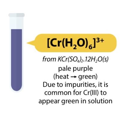 <ul><li><p>[Cr(H2O)6]3+ (aq) + 6NH3 (aq) → [Cr(NH3)6]3+ (aq) + 6H2O (l)</p></li><li><p>Pale purple solution (can be green to start with due to impurities) → purple solution</p></li><li><p>→ turns green when heated.</p></li></ul><p></p>