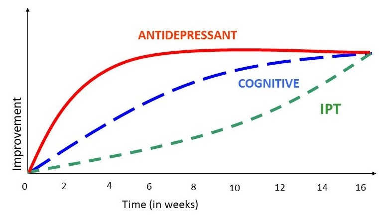 <ul><li><p>Interpersonal therapy, cognitive therapy, and an antidepressant were all superior to placebo plus clinical management condition for a 16-week treatment.</p></li><li><p><span>Therapy was just as effective as medication.</span></p><ul><li><p>Drug treatment led to a more rapid improvement initially, although effects were equivalent over the 16 weeks.</p></li><li><p>Type of improvement was independent of type of treatment (e.g., medication changed cognitions just as much as cognitive therapy). </p></li></ul></li></ul><p></p>