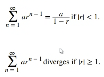 <p>goes to 2</p><p>if |r| < 1 then the series converges<br>if |r| ≥ 1 then the series diverges</p><p></p>