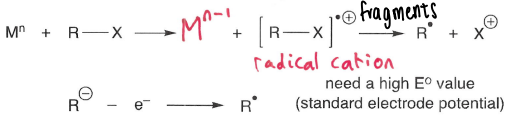 <p>A metal oxidant (or anode) is used, forming a radical cation which fragments into a R* radical and X+ cation.</p><ul><li><p>The radical cation fragments to form the most stable radical or cation.</p></li><li><p>A high standard electrode potential is needed for anode oxidation.</p></li></ul><p></p>