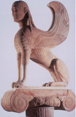 <ul><li><p>A creature shaped like a <strong>winged lion,</strong> but with the <strong>breast and face of a woman. </strong></p></li><li><p>She lay in wait for the wayfarers along the road to Thebes and whomever she seized <strong>she put a riddle to, telling him if he could answer it, she would let him go</strong></p></li></ul><p></p>