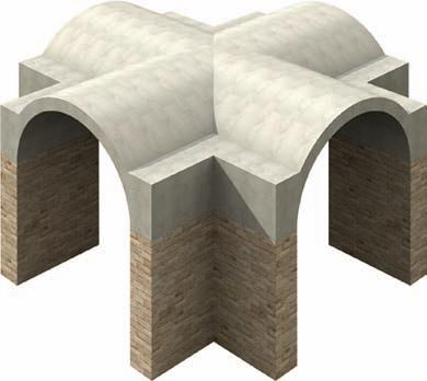 <p><span>Arches are self-supporting, curved structures composed of wedge-shaped blocks (voussoirs) that span openings and carry heavy loads by converting downward pressure into lateral force. Vaults are three-dimensional, extended arches that form arched ceilings or roofs, with common types including barrel, groin, and rib vaults</span></p>