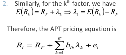 <ul><li><p>assets are generated from a k factor model (measure growth)</p></li><li><p>no arbitrage opportunities</p></li><li><p>no form specific risk after portfolio formation since enough assets are available</p></li></ul><p></p>
