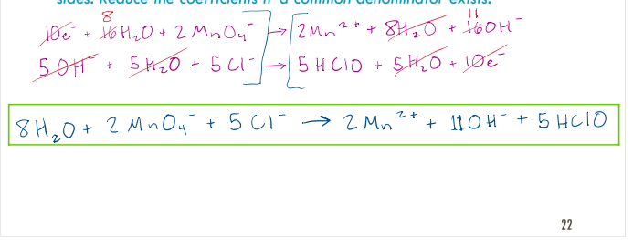 <p>1. Write the two half reactions </p><p>2. Balance the coefficients for all atoms except hydrogen and oxygen</p><p>3. To balance the oxygen, add H2O to the side deficient in oxygen</p><p>4. To balance the hydrogen, add H+ to the side deficient in hydrogen</p><p>5. The solution is BASIC! For every H+ added, add the same number of OHto both sides!</p><p>6. Combine H+ and OHspecies to form H2O where applicable</p><p>7. Balance the charges by adding electrons to the side deficient in negative charge. The electrons should be on opposite sides of the half-reactions!</p><p>8. Multiply the equations to ensure equal numbers of electrons are transferred.</p><p>9. Add the two balanced half-reactions and cancel species present on both sides. Reduce the coefficients if a common denominator exists</p>
