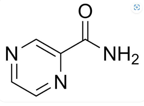 <p>Pyrazine ring with carboxamide; essential 1st line TB drug.</p>