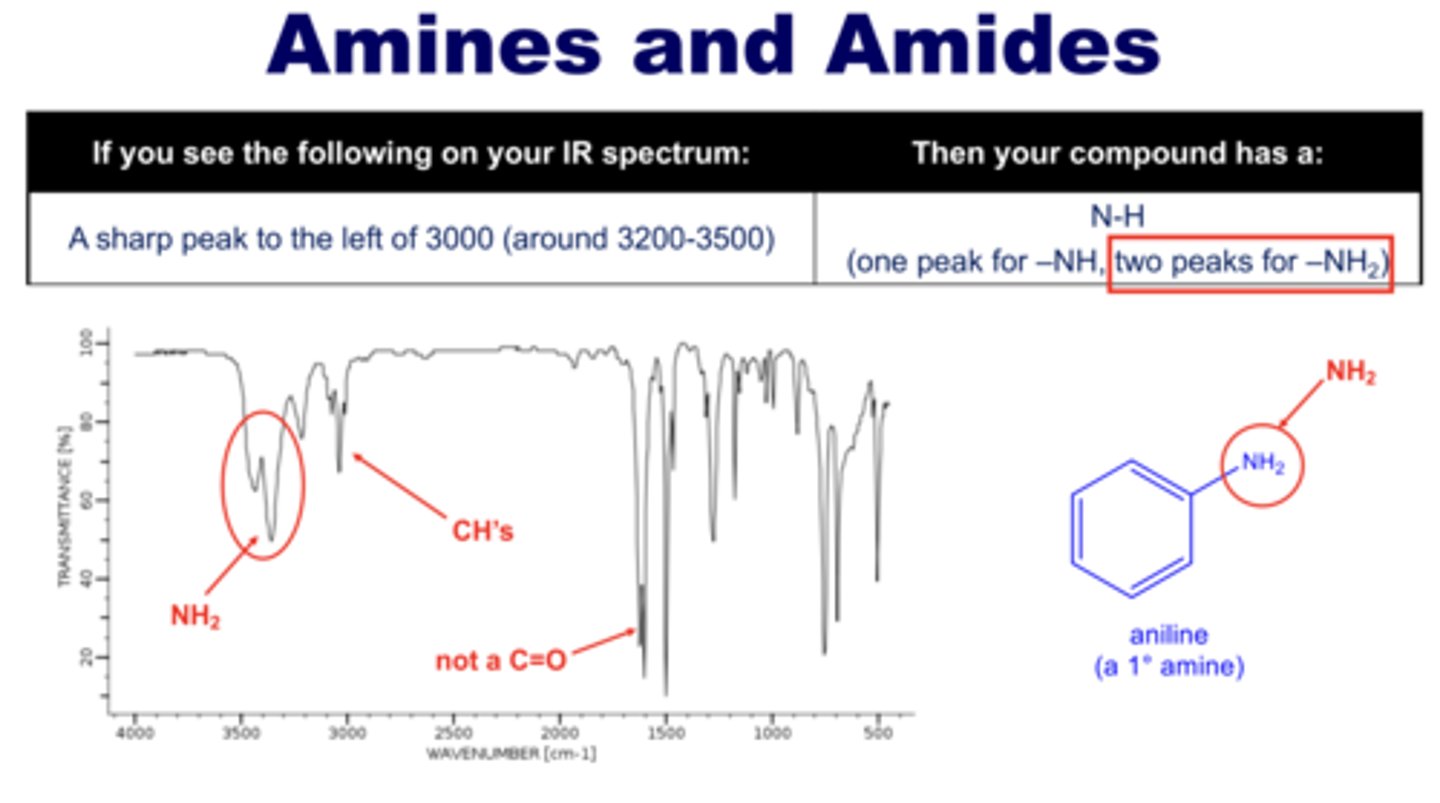 <p>DEFINITION</p><p>3200-3500</p><p>primary amine: TWO peaks</p><p>R-NH2 bc two N-H bonds</p>
