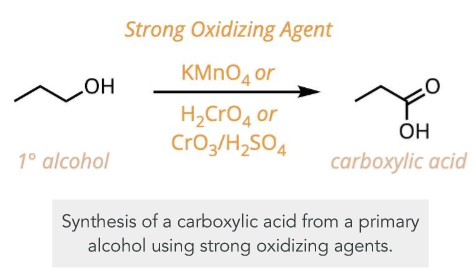 <p>strong oxidizing agent (KMnO<sub>4</sub>, H<sub>2</sub>CrO<sub>4</sub>, CrO<sub>3</sub>/H<sub>2</sub>SO<sub>4</sub> (Jone’s reagent))</p>