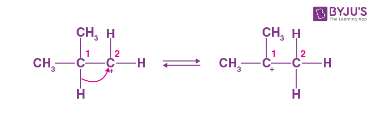 <p>A hydrogen moves <strong>with its two bonding electrons</strong>. (see image) The positive charge moves to a more substituted carbon. The goal is always: Make a <strong>more stable carbocation</strong>. </p>