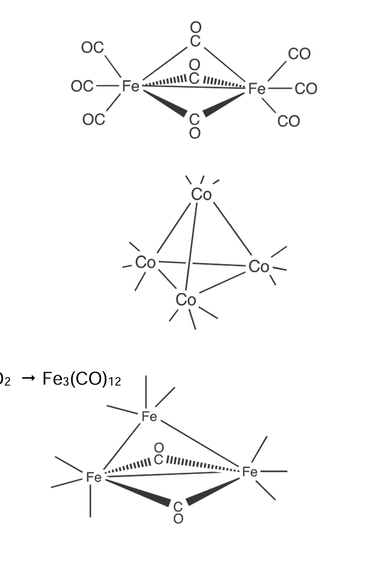 <ol><li><p>oxidation</p></li><li><p>reduction</p></li><li><p>substitution</p></li><li><p>Cluster formation (M-M bonds formed to stabilise)</p></li></ol><p></p>