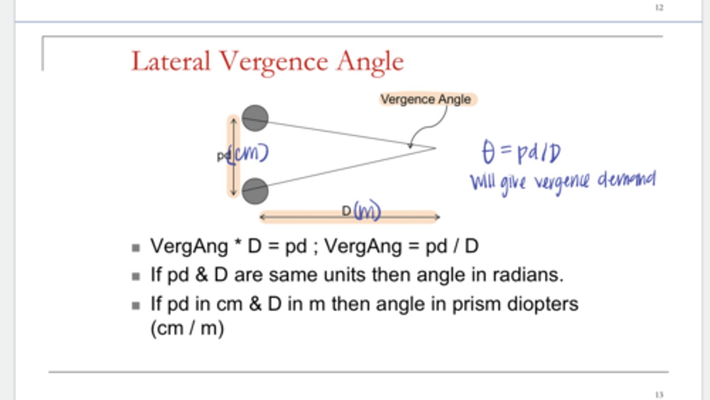 <p>With the lateral vergence angle equation, if pd and D are both the same units, the angle unit will be in _____</p>