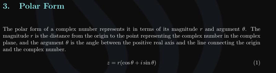 <ul><li><p>z = r(cos x + isin x )</p></li><li><p>x is the angle of z to the real axis</p></li><li><p>r is the magnitude of z</p></li></ul><p></p>